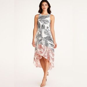 Vince Camuto High Low Dress Size 4 Navy Coral Tropical Shell Palm Print Resort